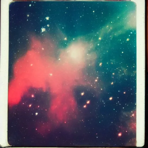 Image similar to vintage polaroid of our galaxy in deep space, detailed clouds, nebula, planets, galaxies, warm azure tones, red color bleed, film grain