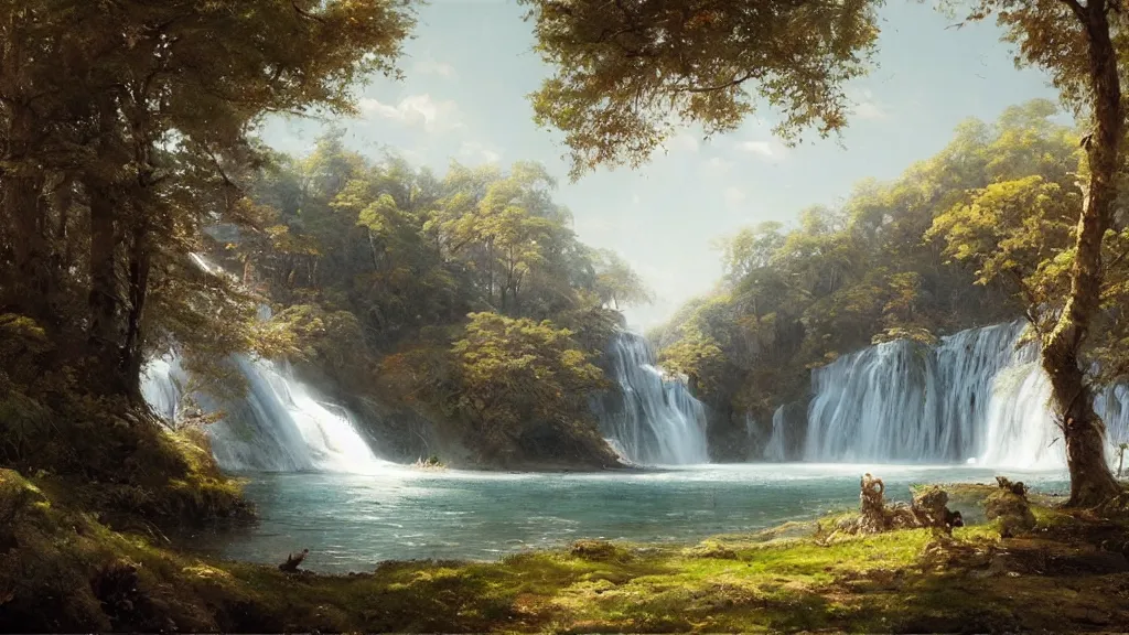 Image similar to the most beautiful panoramic landscape, oil painting, where a giant dreamy waterfall creates a river, the trees around are starting to bloom in a variety of colors, by greg rutkowski