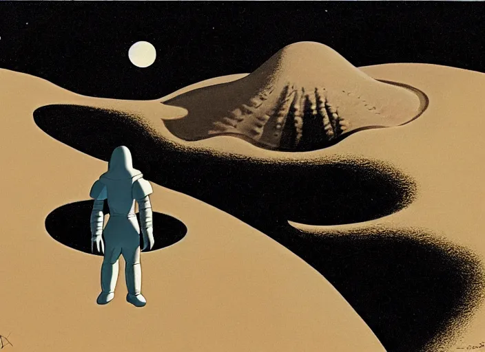 Prompt: isometric angle of moon knight standing in a crater on the moon, by ralph mcquarrie, by eyvind earle, by guillermo del toro