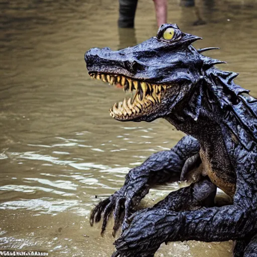 Image similar to werecreature consisting of a mixture of human and crocodile, photograph captured at woodland creek