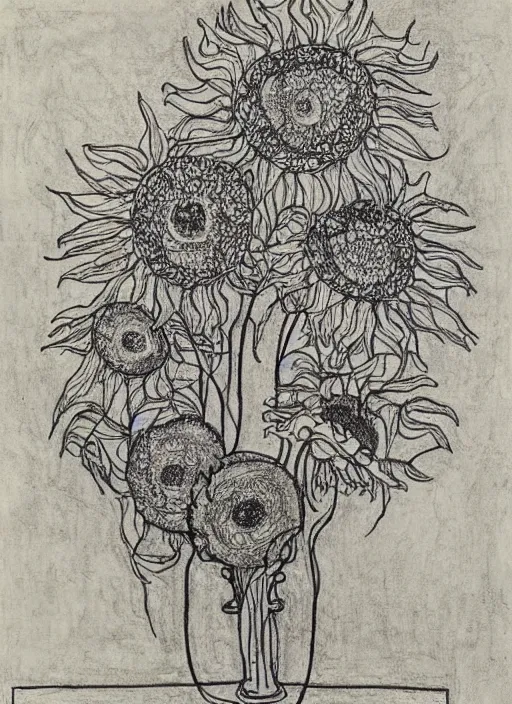 Image similar to an intricate drawing of a intertwined sunflowers by Egon Schiele and Piet Mondrian