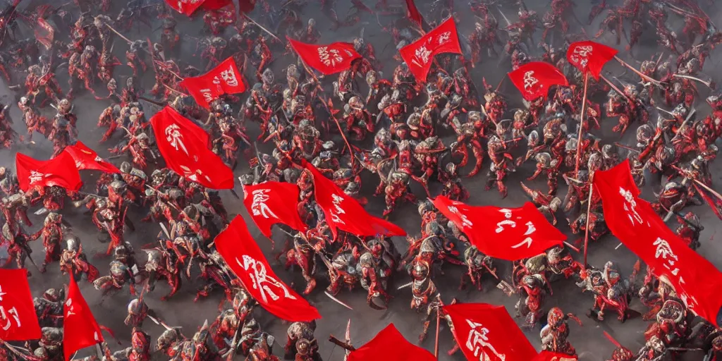 Image similar to overhead mid shot cinematic artwork of a small group of rag tag warriors surrounded by a vast ancient Chinese army wearing red armor and holding red flags on the battlefield by greg rutowski, masterpiece, 4k