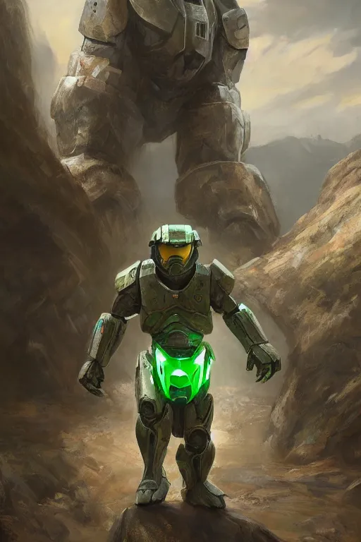 Image similar to golem pokemon playing as master chief, oil on canvas, intricate, 8 k highly professionally detailed, hdr, cgsociety