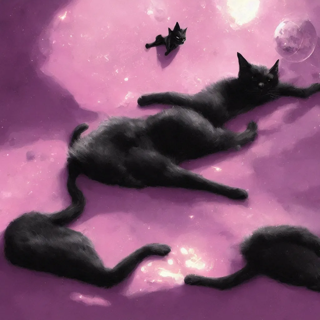 Prompt: black cat laying on a shiny bed on pink planet, concept art, by greg rutkowski
