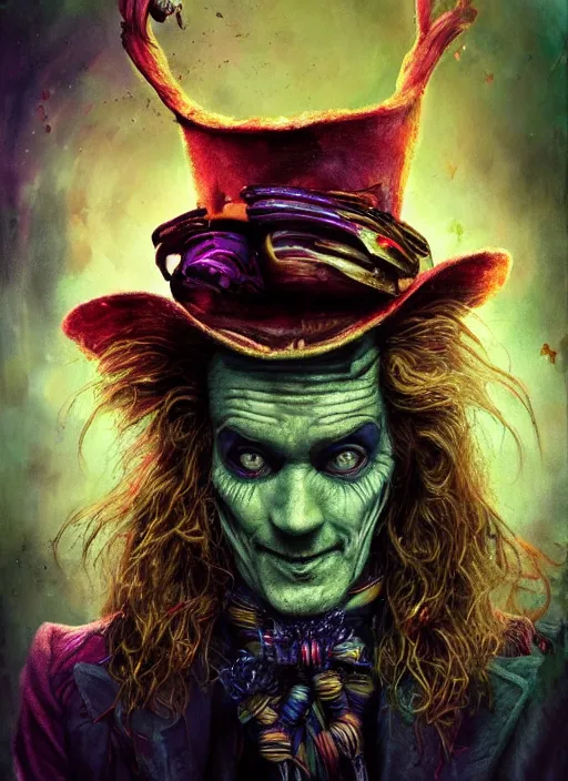 Image similar to mad hatter, alien, highly detailed, cinematic, 8 k, by megan duncanson, benjamin lacombe, adrian borda, stanley artgermm, tom bagshaw, craig mullins, carne griffiths, ayami kojima, beksinski, giger, trending on deviantart, hyper detailed, horror, full of colour