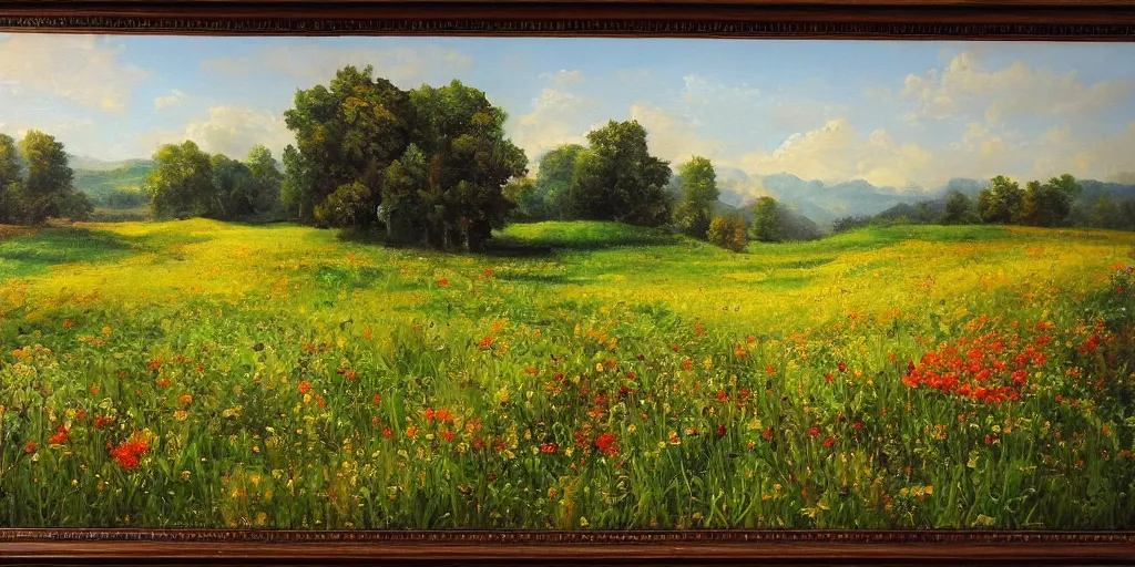 Image similar to a bright oil painting of a beautiful meadow; masterpiece; extremely-detailed; by Carravaggio