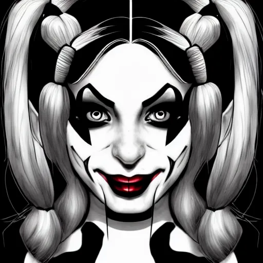 Image similar to a pretty harley quinn headshot portrait, drawn in black and white ink, manga panel style, wlop, trending on artstation