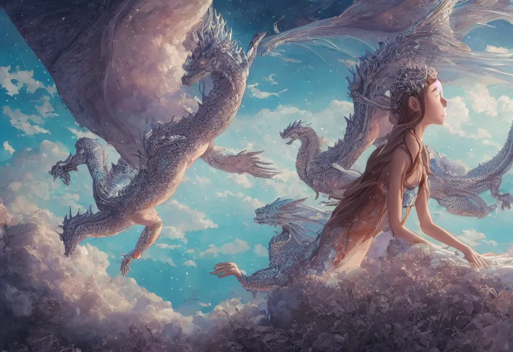 Image similar to the beautiful hyper detailed scene render that a lonely single beautiful girl lies in the arms of a huge silver dragon alone in the fairyland surrounded by white clouds, in the style of makoto shinkai victo ngai and peter mohrbacher studio ghibli artgerm karol bak beeple, cinematic, beautiful dream, psychedelic, animation style, 8 k hd