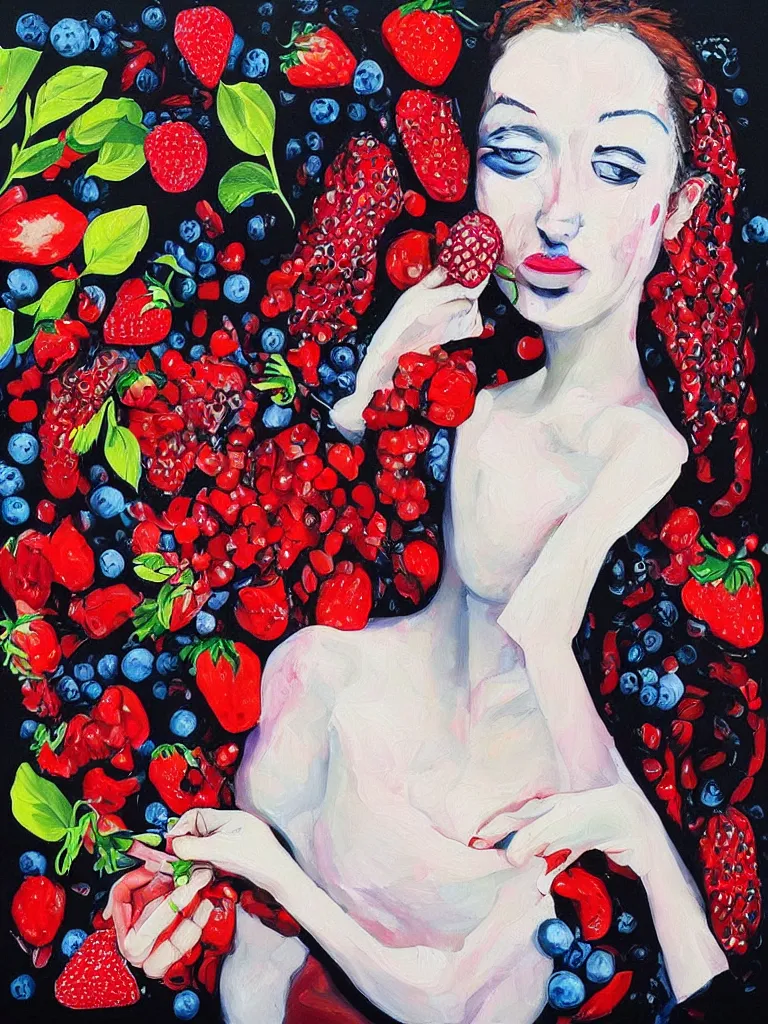 Prompt: “art in an Australian artist’s apartment, portrait of a woman wearing white cotton cloth, eating luscious fresh raspberries and strawberries and blueberries, edible flowers, black background, intricate, bold colour, acrylic and spray paint and oilstick on canvas”