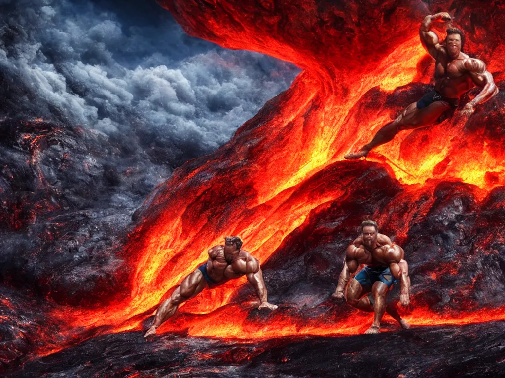 Image similar to muscular arnold schwarzenegger surfing on lava from an erupting volcano, stunning scene, 8 k, extremely detailed digital painting, depth, bright colors, trending on artstation