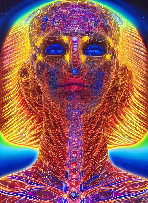 Image similar to humankind transcendence into collaborative intelligence, group intelligence, ai, by alex grey, album cover, award winning, beautiful, colorful, volumetric lighting, trending on artstation