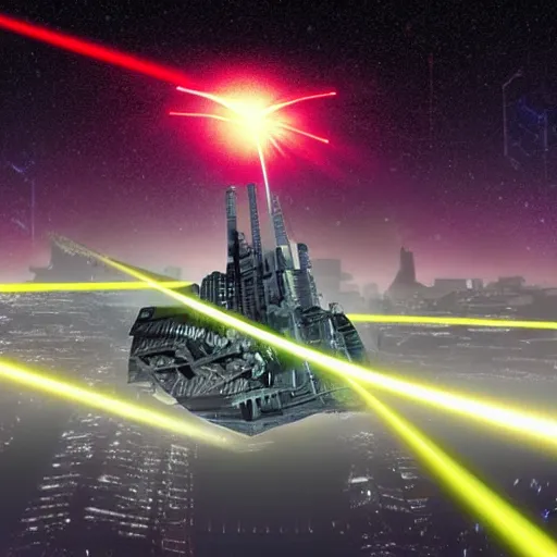 Prompt: giant alien ship destroying city with laser