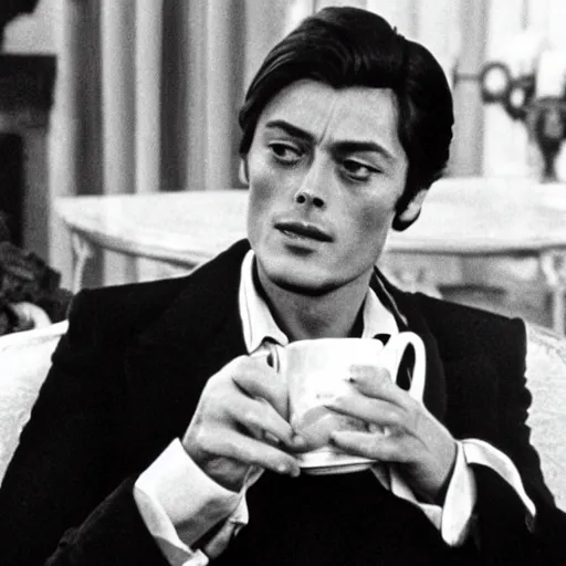 Image similar to Still of Alain Delon holding a madeleine and a cup of tea in the 1973 film by Luchino Visconti In search of Lost Time