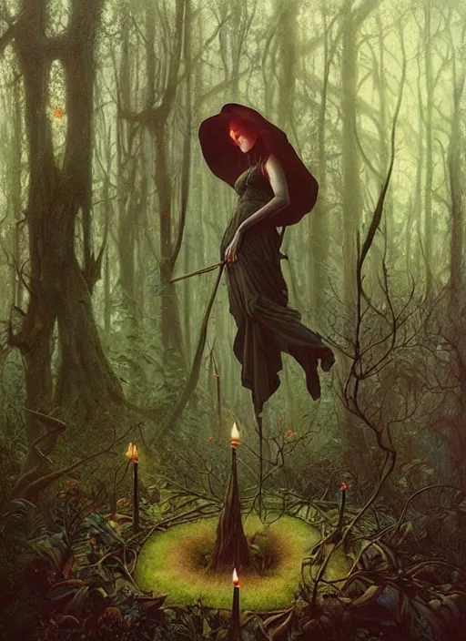 Image similar to a hyper realistic witch shrine, candles, in the woods, distant explosions, gorgeous lighting, lush forest foliage, painting by chiara bautista and tom bagshaw, mucha, beksinski and norman rockwell and greg rutkowski weta studio, and lucasfilm