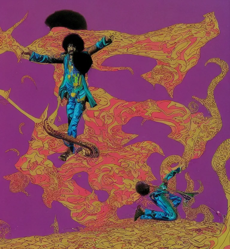 Prompt: jimi hendrix full body, colourful afrofuturist biomorphic scifi opart in background by moebius and roger dean, 8 k