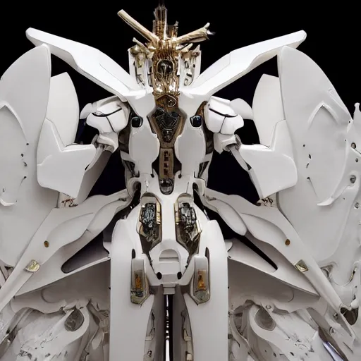 Image similar to futuristic papal mecha, ivory gundam, carved white marble mechanical exoskeleton wearing hardsurface armour, inlaid with gold, ivory rococo, wings lace wear, sculpted by spider zero, zaha hadid, trending on artstation, beautifully lit, hyper detailed, insane details, intricate