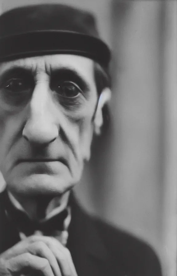 Image similar to a close - up casual photo of marcel duchamp with pensive eyes, 1 9 2 0 s monochrome snapshot, graflex 4 x 5, f 1. 8, 3 5 mm, ilford delta 3 2 0 0 pro