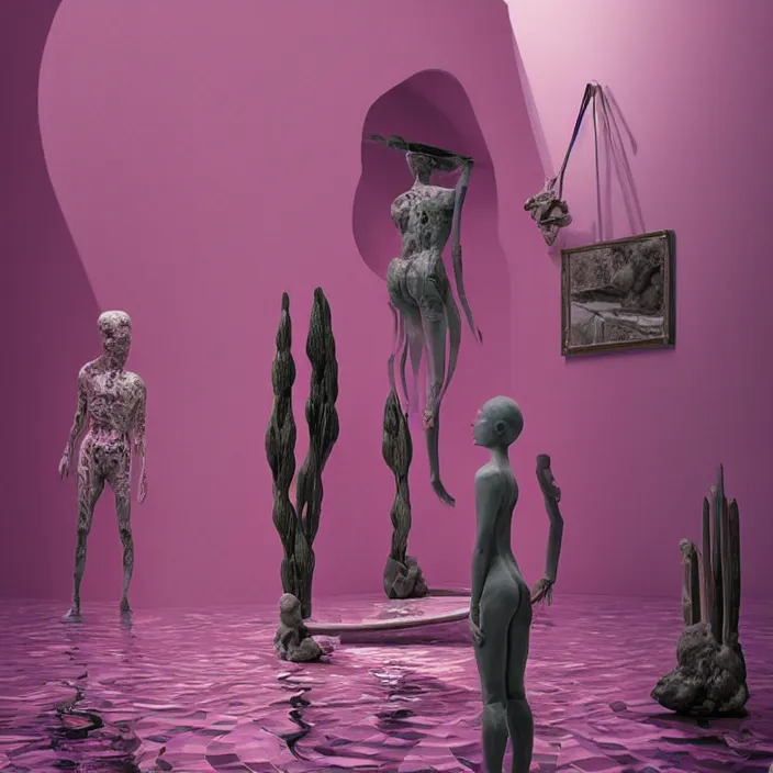 Prompt: hyperrealistic geometric objects in a surreal minimalistic dreamscape environment by salvador dali, enormous pink mannequin head statue, highly detailed, 3 d render, octane, beautiful lighting, photorealistic, intricate, elegant, wayne barlowe, water, mirrors, doorway, beautiful, masterpiece, trending on artstation, artgerm, checkered floor, palm tree