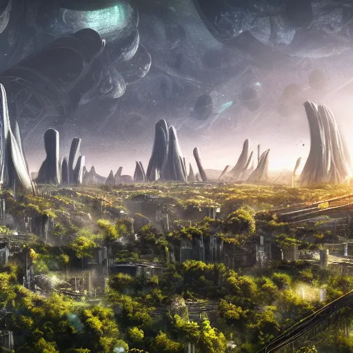 Image similar to a sprawling city landscape, overgrown, alien planet, high rises, oblong formations, crooked angles, uhd, 8 k, digital art, award winning,