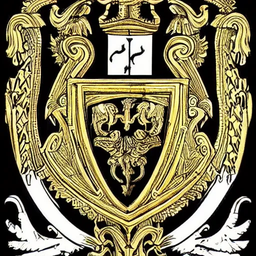 Prompt: “ medieval heraldry, white, black, gold, highly detailed, painted, realistic, historical, coat of arms, ”