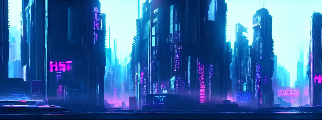 Image similar to matte painting of a dark neon cyberpunk city in the film ghost in the shell, trending on artstation, 8k, ultra hd