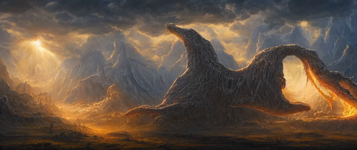 Prompt: A terrifying giant monster made of honey, beautiful atmosphere, god rays, masterpiece digital painting by Alex Grey, Greg Rutkowski, 4k wallpaper