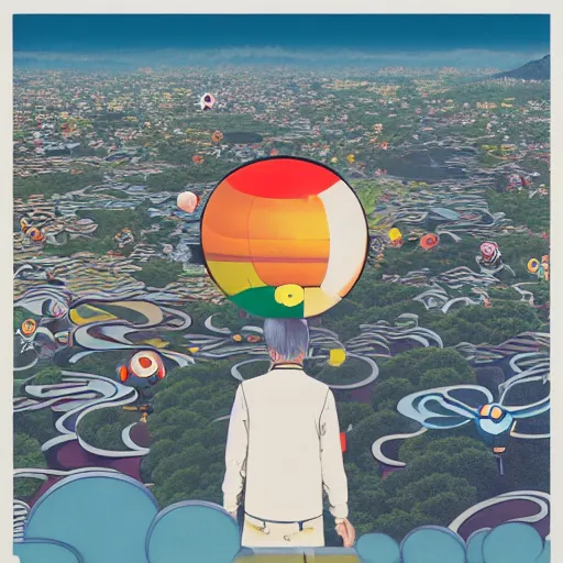 Image similar to a man walking on clouds away from the camera above kyoto by takashi murakami, beeple and james jean, aya takano color style, 4 k, super detailed, modern, 4 k, symmetrical