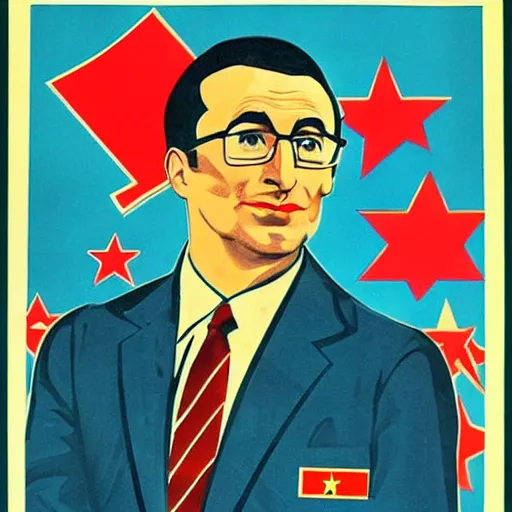 Image similar to Soviet propaganda poster depicting John Oliver