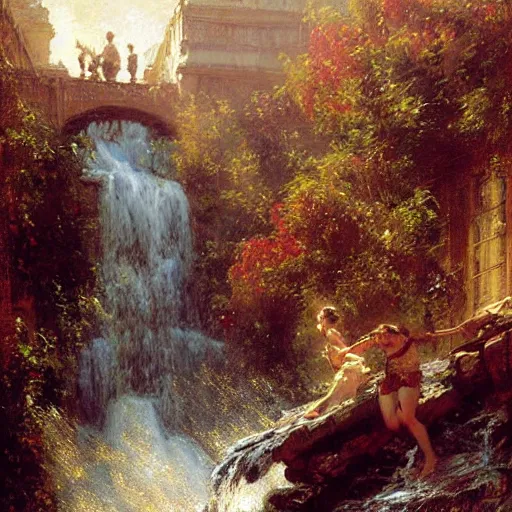 Image similar to waterfall flooding an entire city. victorian age. highly detailed painting by gaston bussiere, craig mullins, j. c. leyendecker