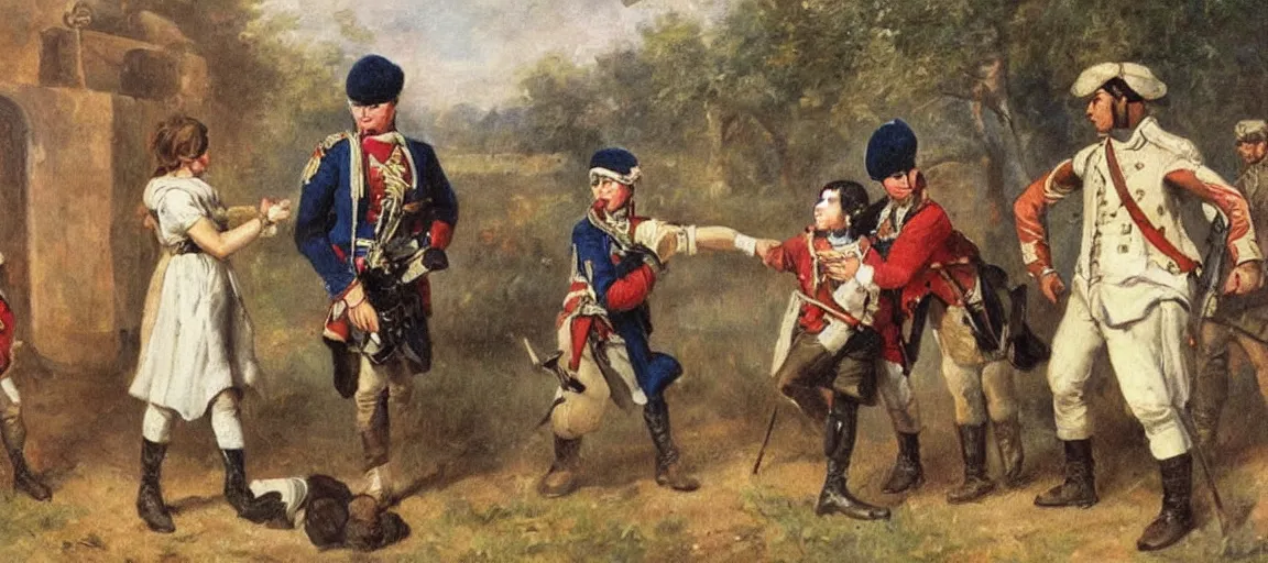 Prompt: american revolutionary painting of a french soldier protecting an indian girl and a british boy.