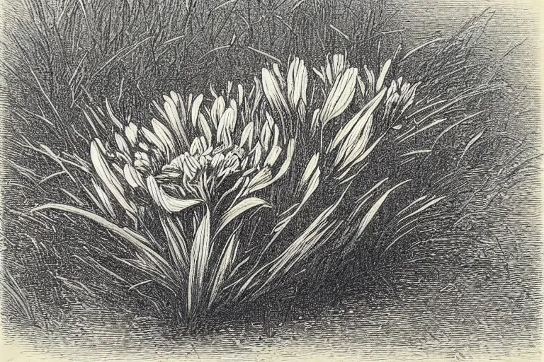 Prompt: close-up single flower in the grass, Gustave Dore lithography