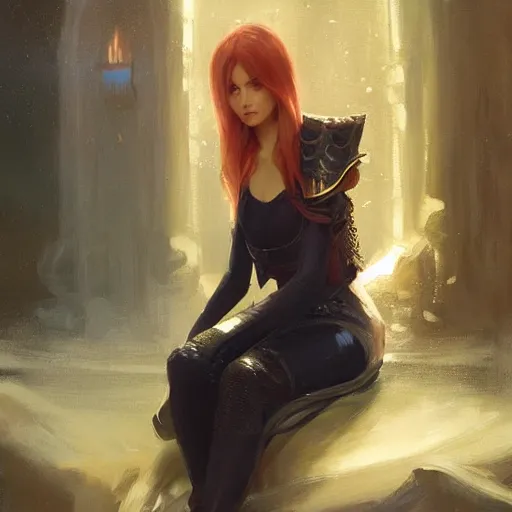 Prompt: girl wearing fantasy armor sitting near a fireplace, official art, by charlie bowater, by jeremy lipking, fantasy art, anime inspired, detailed attractive girl, expressive oil painting