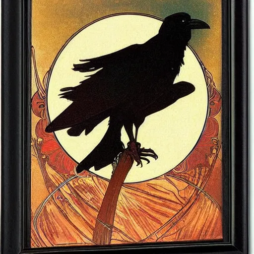 Prompt: a black raven in front of the red moon by alphonse mucha