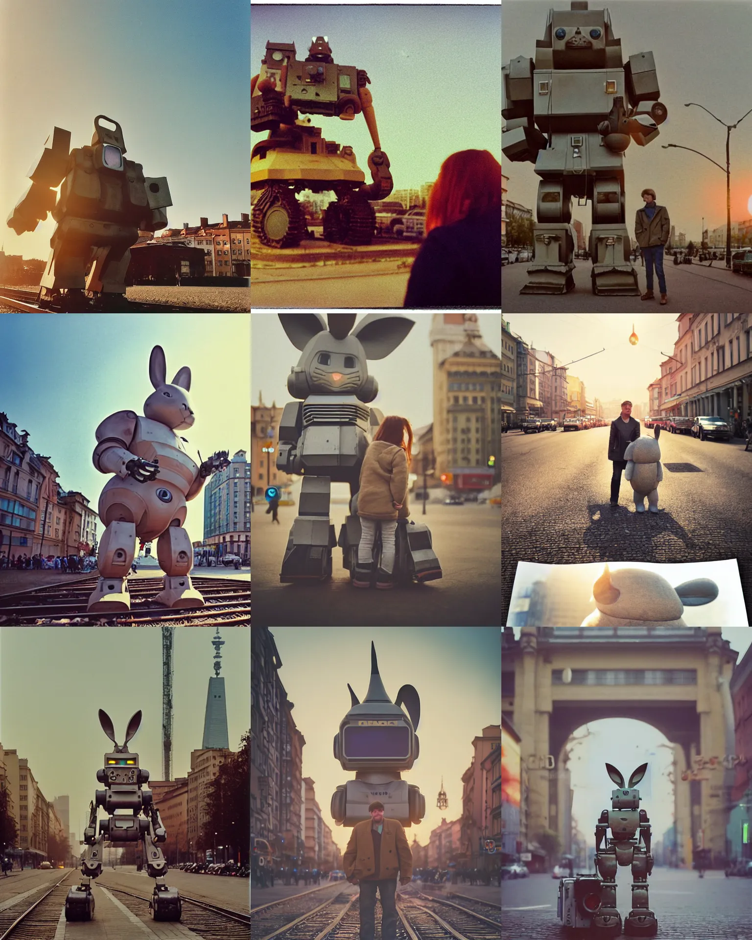 Prompt: giant oversized battle chubby robot rabbit big ears mech train in warsaw centre , Cinematic focus dof , Polaroid vintage color photo , vintage! , neutral dull colors, soft lights, sunset backlight , full body, by Steve Hanks, by Serov Valentin, by lisa yuskavage, by Andrei Tarkovsky