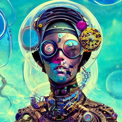 Prompt: acid trip of a lofi biopunk steampunk portrait in space but also underwater, Pixar style, by Tristan Eaton Stanley Artgerm and Tom Bagshaw.