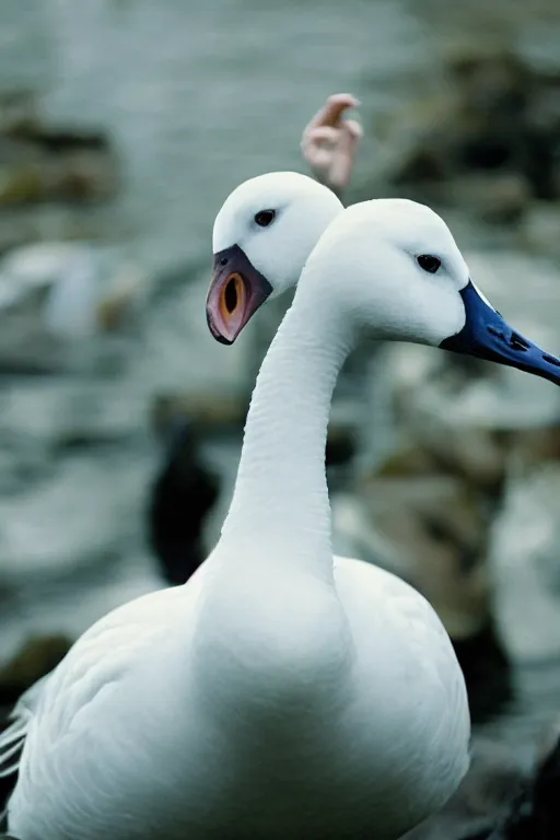 Image similar to ryan gosling fused with a white goose, wings, hands, natural light, bloom, detailed face, magazine, press, photo, steve mccurry, david lazar, canon, nikon, focus