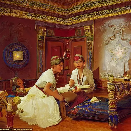 Image similar to udmurt twins uncovering the mysteries of long forgotten room with a starlit ceiling, in the style of konstantin razumov, detailed faces, extremely detailed