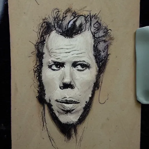 Image similar to tom waits portrait sketch on stained and moldy paper