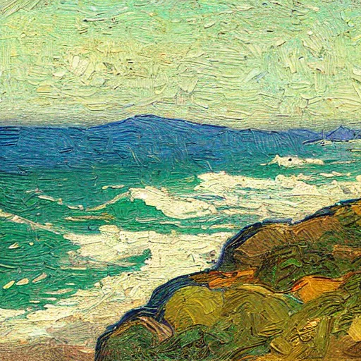Image similar to painting of monterey bay, california, in the style of van gogh