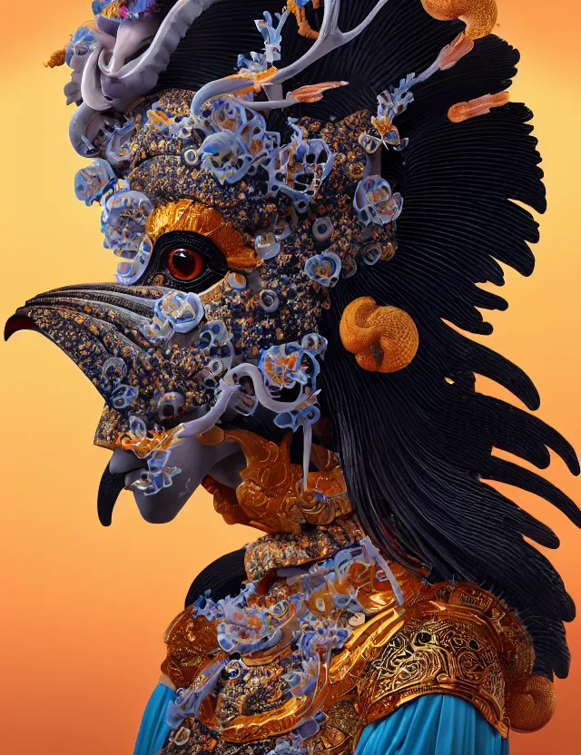 Image similar to 3 d goddess in robe close - up profile portrait with ram skull. beautiful intricately detailed japanese crow kitsune mask and clasical japanese kimono. betta fish, jellyfish phoenix, bio luminescent, plasma, ice, water, wind, creature, artwork by tooth wu and wlop and beeple and greg rutkowski