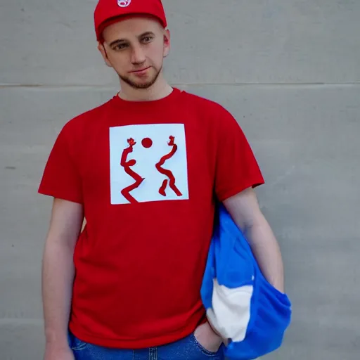 Image similar to a full body shot of an average white, short young - adult man with blue dyed hair holding a microphone, wearing a red backwards cap, white t - shirt with a red no symbol on it, blue long pants and red shoes