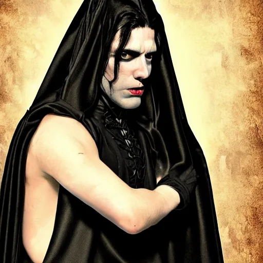 Image similar to a vampire, male, late - 4 0 s aged, long, slicked black hair, clean shaven, wearing a cape, regal, royal, grim facial expression, high medieval fantasy, full color digital art, cinematic shot, full body shot.