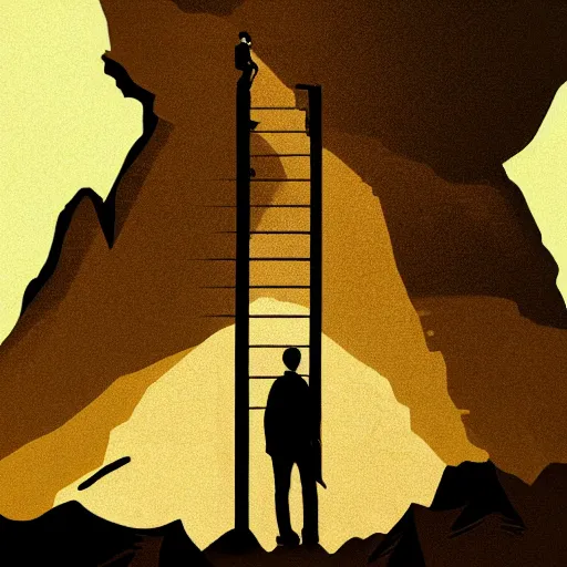 Image similar to man standing up in the mountains, album cover design illustration digital art