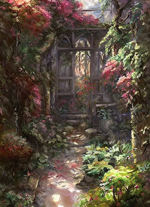 Prompt: secret garden, realistic, ornamental, art by Artgerm and Greg Rutkowski and WLOP