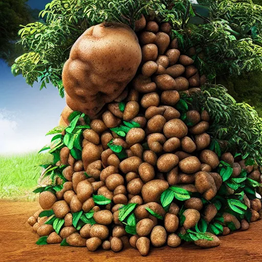 Prompt: a bag of potatoes with a magical tree growing out of it