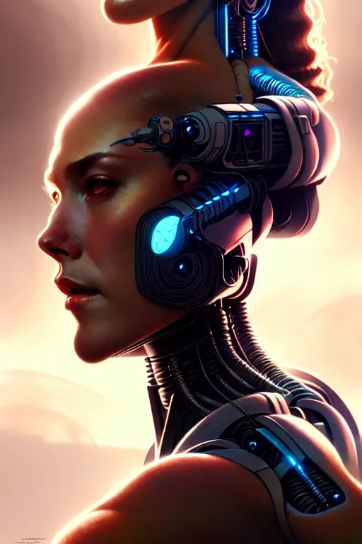 Image similar to ultra realistic, beautiful cyborg woman, sci-fi, fantasy, cyberpunk, intricate, elegant, highly detailed, digital painting, octane render, artstation, concept art, smooth, sharp focus, illustration, art by artgerm and vincent di fate and michael welan and greg rutkowski and alphonse mucha