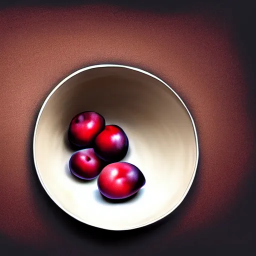 Image similar to concept art drawing of a single thick porcelain bowl filled with a few moist freshly picked plums on a wooden table. volumetric lighting. small scale. artistic. top down.