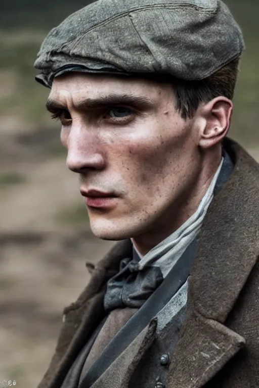 Image similar to a portait photo of Thomas Shelby in a battlefield, epic image, path tracing, complementary colours, high quality, 4k HDR, dramatic lighting, cinematic, highly detailed, high coherence, dedined face, anatomically correct, five fingers, war