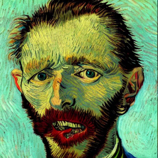 Image similar to painting of a man with insects in his eyes, bloody face, ugly teeth in van gogh style