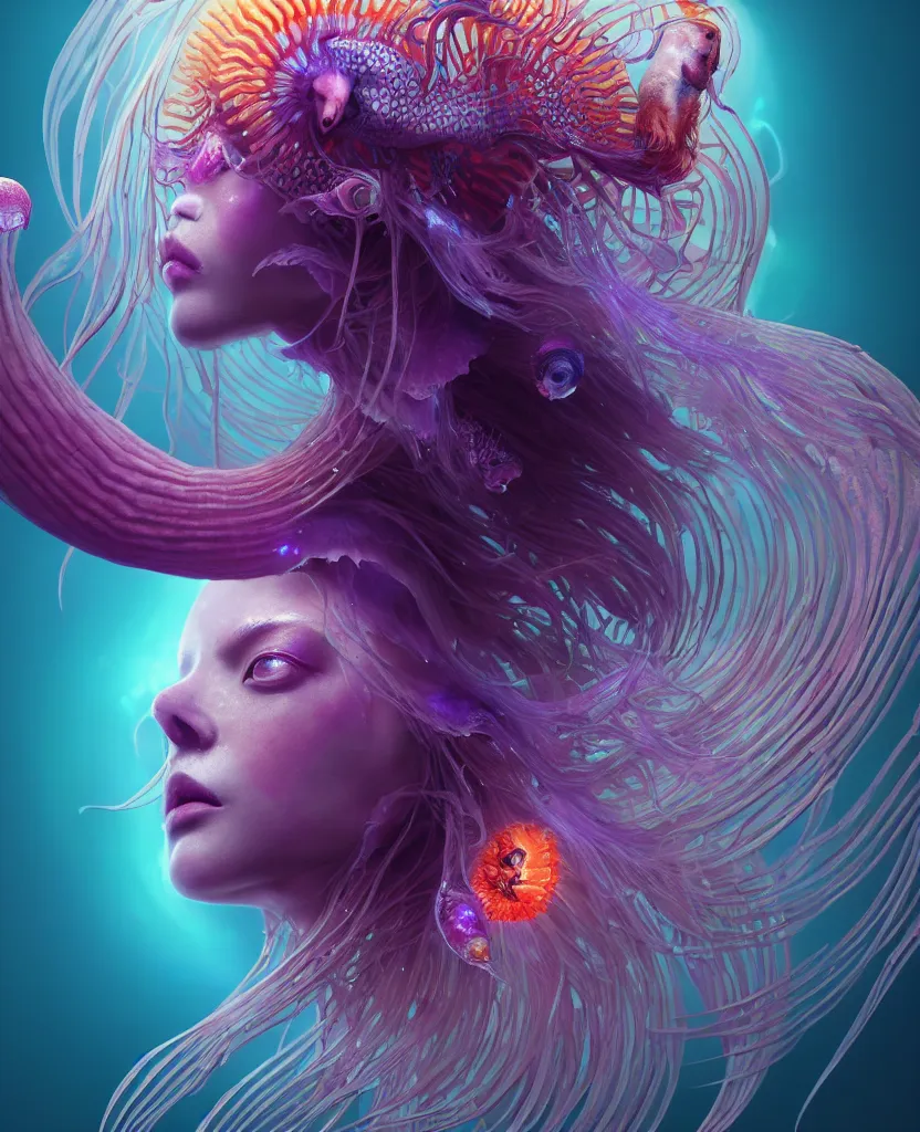 Image similar to goddess close-up portrait. orchid jellyfish phoenix head, nautilus, skull, betta fish, bioluminiscent creatures, intricate artwork by Tooth Wu and wlop and beeple. octane render, trending on artstation, greg rutkowski very coherent symmetrical artwork. cinematic, hyper realism, high detail, octane render, 8k